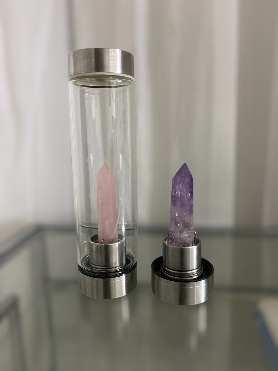 Crystal Glass Water Bottle + Tea Infuser, Rose Quartz Gemstone Center Crystal Infused Elixir Bottle Portable with Natural Crystal Point Healing Obelisk Wand Energy Cup - Warrior Goddess