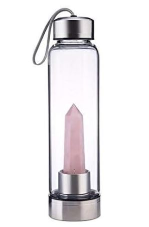 Crystal Glass Water Bottle + Tea Infuser, Rose Quartz Gemstone Center Crystal Infused Elixir Bottle Portable with Natural Crystal Point Healing Obelisk Wand Energy Cup - Warrior Goddess