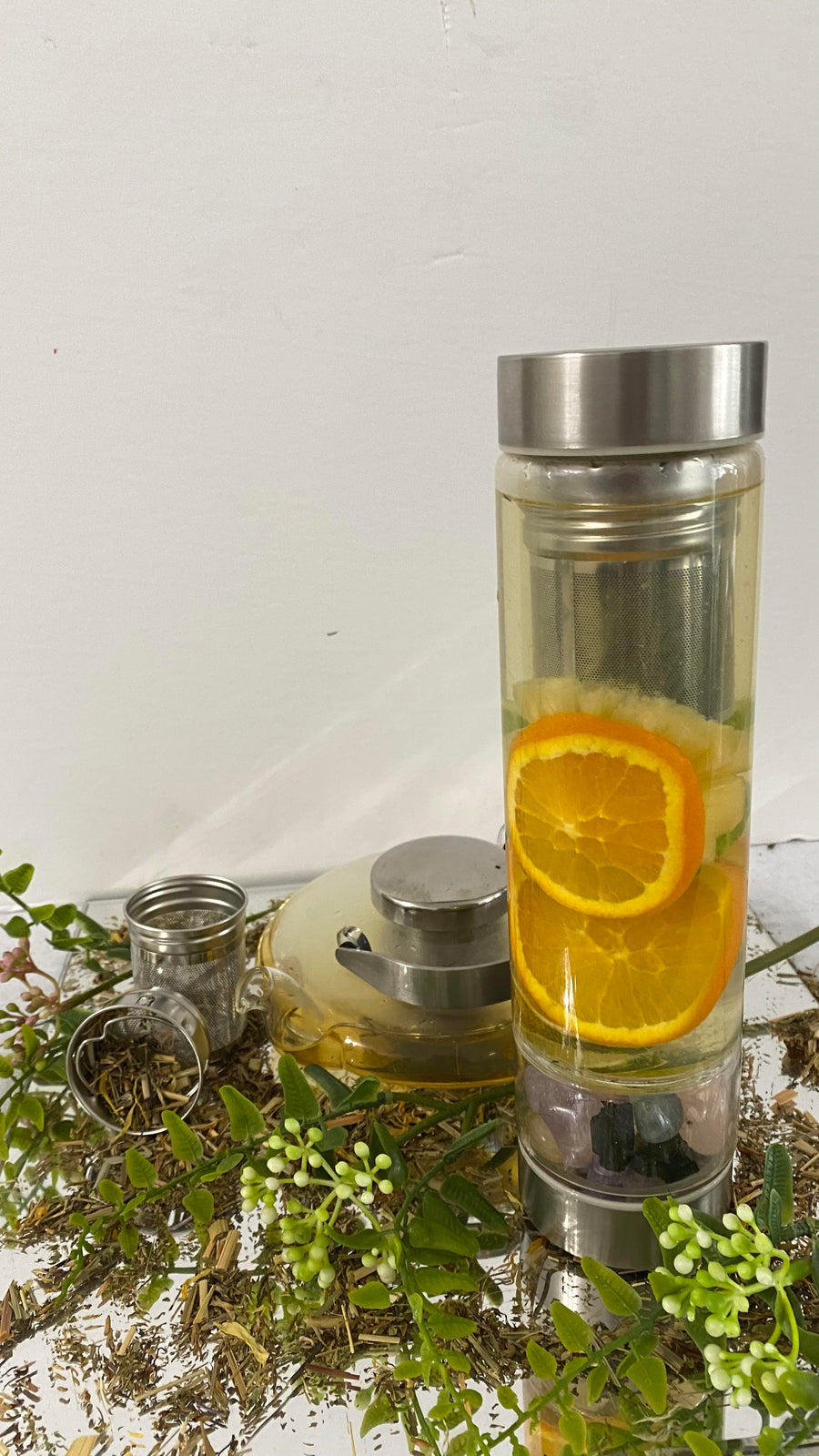 Crystal Elixir Infused Clear Motivational Water Bottle and Tea Infuser + Protective Sleeve + Removable Crystals Healing Stones - Warrior Goddess
