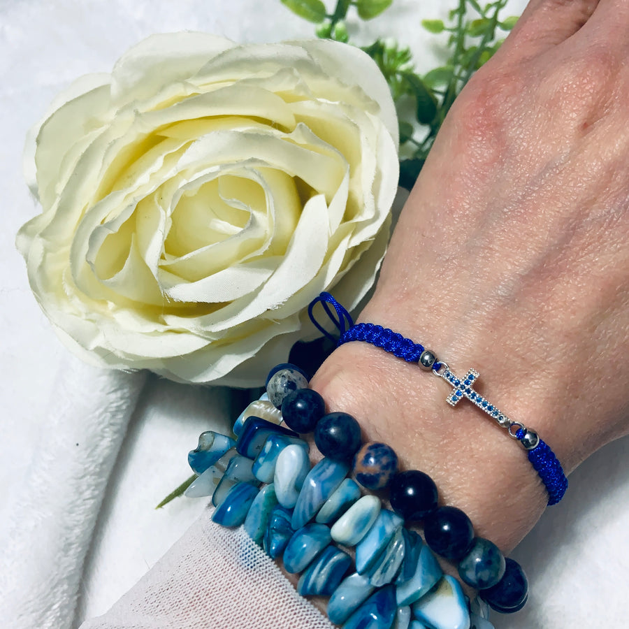 Kabbalah Blue String Bracelet with Sterling Silver, "Cross" Charm - Warrior Goddess